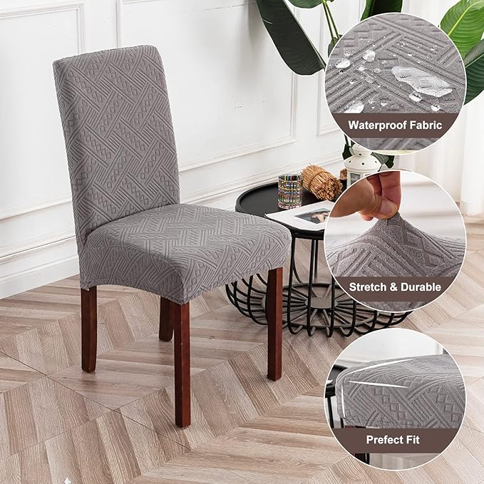 Genina Waterproof Dining Room Chair Covers Stretch Parsons Chair Slipcovers for Dining Room Kitchen Chair Protector Cover, Removable, Washable (4, Pattern1-Light Gray)