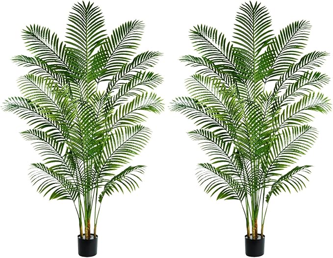 2 Pack Artificial Palm Tree 7FT Artificial Plants Indoor Tropical Fake Palm Tree Areca Floor Plant in Black Pot with 18 Trunks & Real Bark Design, Faux Palm Plant for Outdoor Patio Home Office Decor