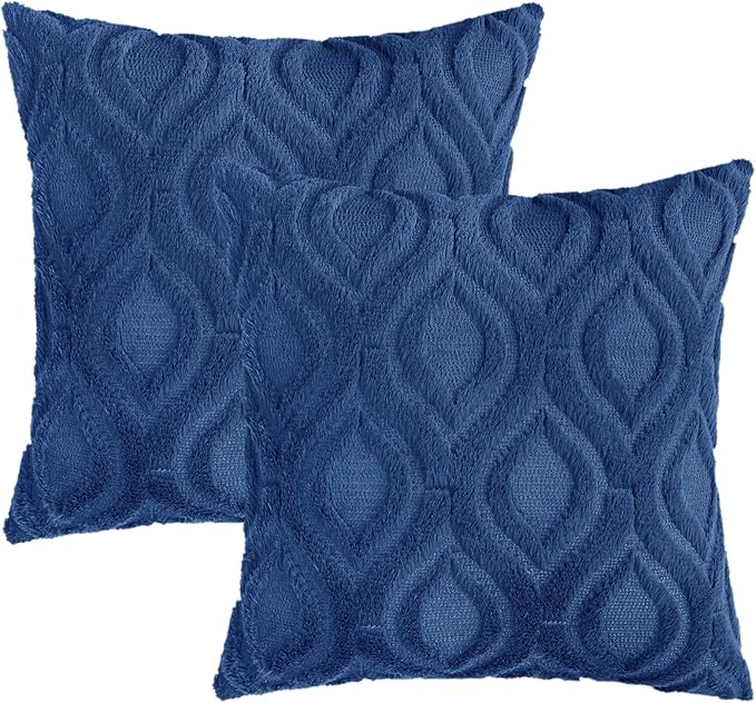decorUhome Throw Pillow Covers 20x20 Inch Set of 2, Soft Plush Faux Wool Dark Blue Solid Couch Pillow Covers, Accent Farmhouse Neutral Square Pillow Cases for Sofa Bed Living Room