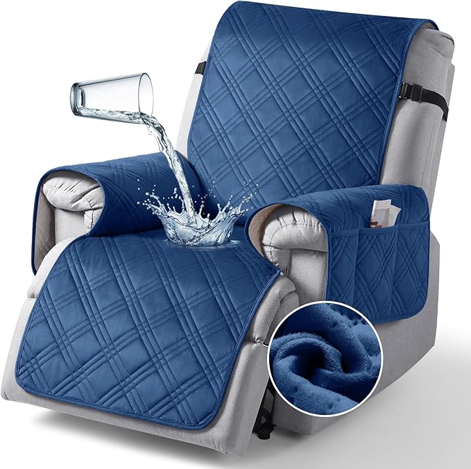 TAOCOCO 100% Waterproof Recliner Chair Cover, Recliner Covers for Recliner Chair with Pocket, Non Slip Reclining Chair Cover Furniture Protector for Kids, Pets(23.6'', Dark Blue-Velvet)
