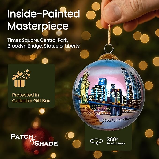 New York City at Sunset Christmas Ornament Hand Painted from Inside with Decorative Gift Box
