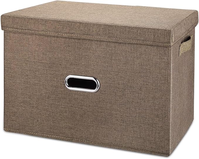Large Linen Fabric Foldable Storage Bins with Removable Lid and Handles, Washable Storage Box Organizer Containers Baskets Cube with Cover for Bedroom,Office(Coffee, XXL)