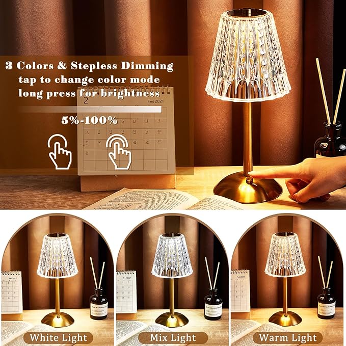 Liliful 8 Pcs LED Portable Cordless Table Lamp Touch Battery Operated Rechargeable Gold Desk Lamp 3 Color Dimmable for Bedroom Living Room Dining (Gold,Classic Style)