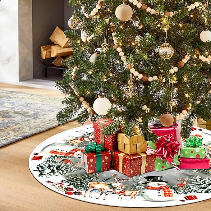 Christmas Tree Skirt 36 Inch,Snowman Reindeer Snowflake Xmas Decor, Winter Christmas Tree Mat for Home Party Holiday Indoor Outdoor Decorations