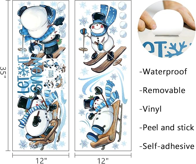 Mfault Winter Snowman Wall Decals Stickers, Let It Snow Winter Sport Sleigh Decorations Bedroom Art, Snowball Snowflakes 2026 New Year Christmas Holiday Home Kitchen Decor
