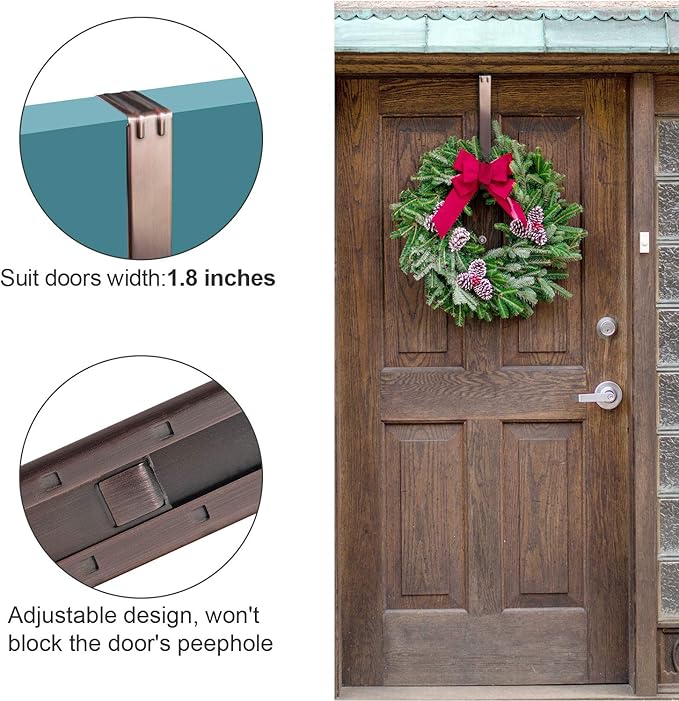 Myfolrena Wreath Hanger Adjustable Door Hanger Wreath Hanger for Front Door 15-24inch,Door Wreath Hook, Hold Up 20lb (Nickle-2 Pack)