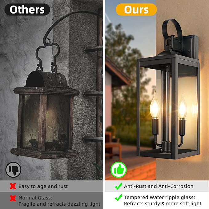 OKELI 17.6" Black Outdoor Wall Light Fixture, Large Exterior Porch Lighting 2-Light Farmhouse Outside Lantern Lights with Clear Glass Waterproof Wall Sconces Lamp for House Garage