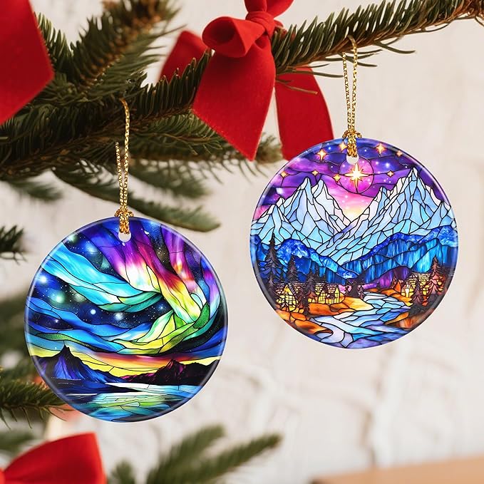 Christmas Ornaments, 2.8 Inch Ceramic Hanging Ornament, Christmas Tree Ornaments, Xmas Decorations, Holiday Decorations, Holiday Party Gifts, and Xmas Gift Ideas - Snow-Village Night