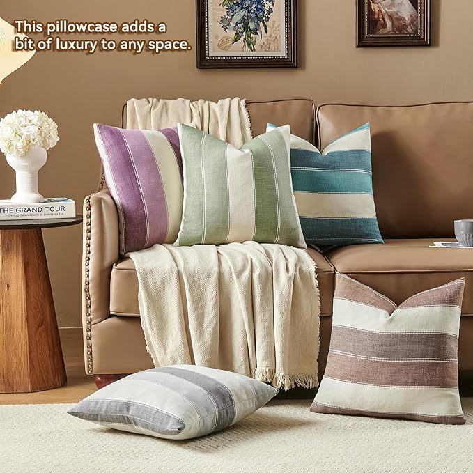 AmHoo Pack of 2 Farmhouse Stripe Check Throw Pillow Covers Set Case Cotton Linen Decorative Pillowcases Cushion Cover for Couch Bench Sofa 18x18Inch Brown
