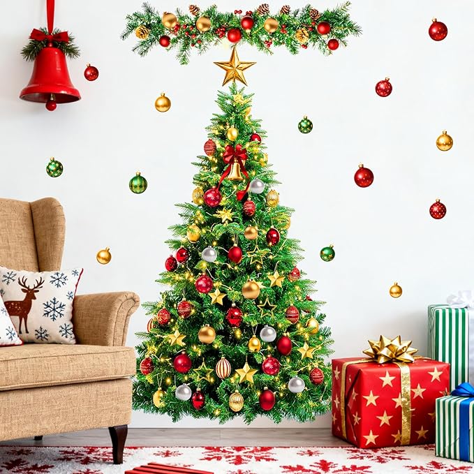 Large Christmas Tree Wall Decals Peel and Stick Merry Christmas Ornament Wall Stickers Removable Winter Tree Decals Xmas Trees Stickers Xmas Holiday Window Sticker for Party Decoration