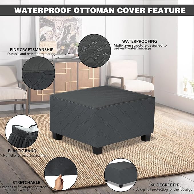Ottoman Cover Square,Waterproof Square Ottoman Covers Thick Slipcover for Living Room,Washable Storage Footstool Furniture Protector for Dogs,Pets,Charcoal Grey,Medium