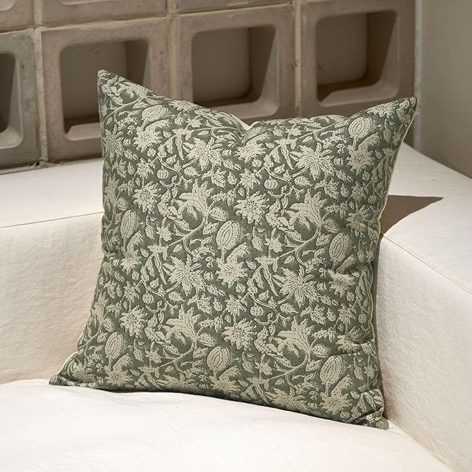 Amor Virisso Throw Pillow Covers 20x20 Floral Pillow Covers Block Print Farmhouse Neutral Pillow Covers Decorative Accent Throw Pillows for Couch Bed Living Room Sofa Pillows 1PC, Dusty Green
