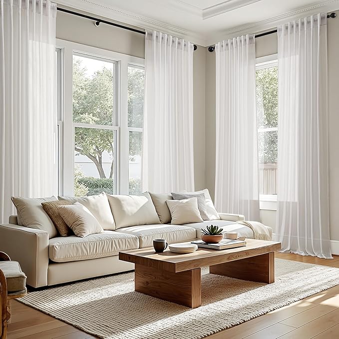 White Linen Blend Short Kitchen Curtains 45 Inch Length 2 Panel Set Semi Sheer Light Filtering Back Tab Rod Pocket Drapes Modern Farmhosue Small Curtains for Cafe Bathroom Living Room 45 Inches Long