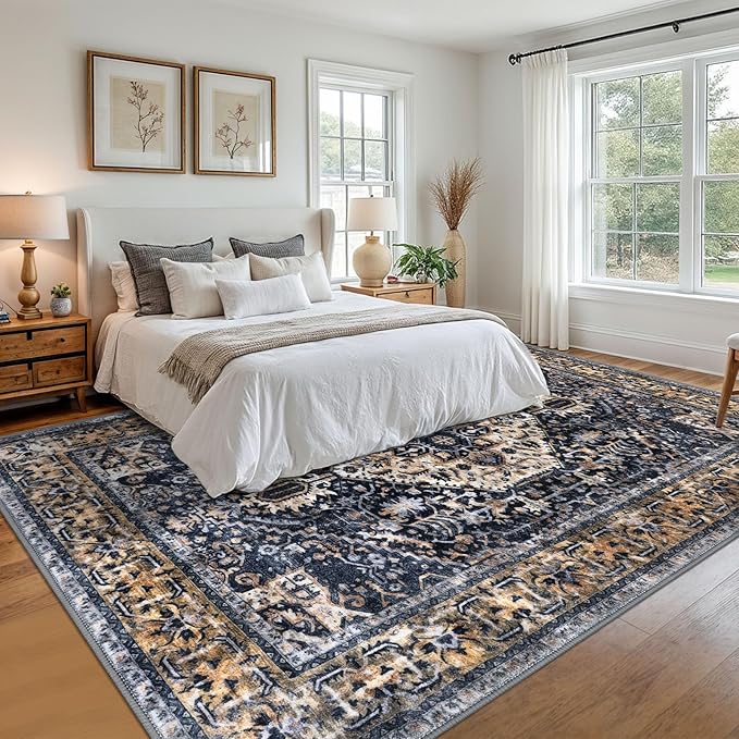 KOZYFLY Boho Area Rug 9x12 Ft Thin Rugs for Living Room Washable Bedroom Rug Non Slip Rugs for Living Room Gold Navy Printed Faux Wool Vintage Bedroom Rug Floor Carpet for Dining Room