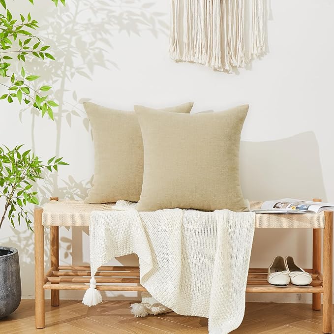 GAWAMAY Decorative Square Throw Pillow Covers 20x20 Inch Set of 2, Super Soft Chenille Pillows Farmhouse Fall Pillowcase for Living Room Bedroom Sofa Couch Cushion Cover Khaki 50x50cm (No Insert)