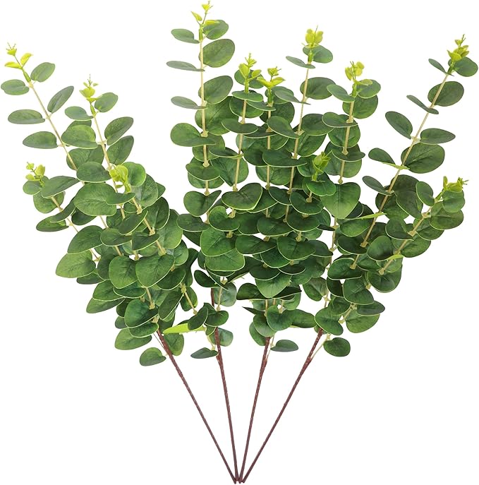 Forlaoers 4pcs 32" Tall Green Artificial Eucalyptus Leaves Greenery Stems Fake Flowers Plants Branches for Vase Home Decor Indoor Office Arrangements Decoration