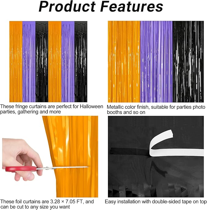 4 Pack Halloween Decorations, 3.28 FT x 7.05 FT Orange Purple Black Party Streamer, Funny Photo Backdrop Foil Curtains Fringe Tinsel, Halloween Door Decor Party Supplies Indoor