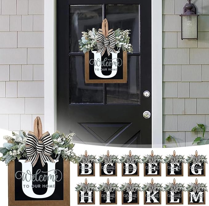 Last Name Year Round Front Door Wreath Front Porch Decoration 26 Letter Welcome Sign with Eucalyptus Garland and Bow Spring Wreaths for Front Door Outside Hanger Garland（U）