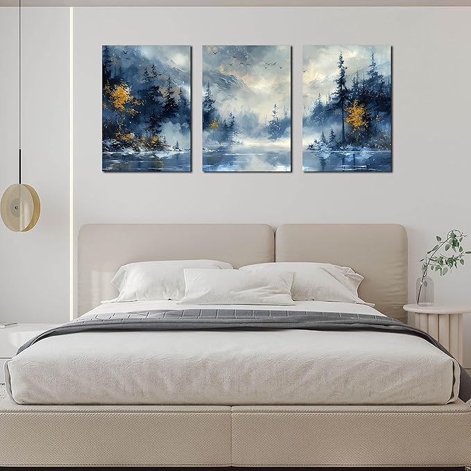 SIXTTART Tree Pictures Wall Decor Bedroom - Blue Wall Art for Living Room - Large 3 Piece Canvas Wall Art for Office Size 24" x 36"