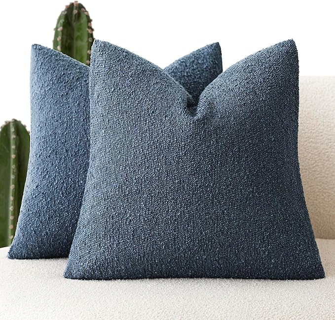 Foindtower Pack of 2 Textured Boucle Throw Pillow Covers Accent Solid Pillow Cases Cozy Soft Decorative Couch Cushion Case for Chair Sofa Bedroom Living Room Home Decor 18x18 Inch Dark Blue