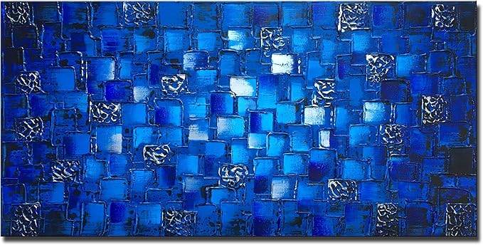 MyArton Thick Textured Abstract Squares Canvas Wall Art Hand Painted Artwork Modern Dark Blue add Silver Oil Painting for Home Decor Framed Ready to Hang 48x24inch