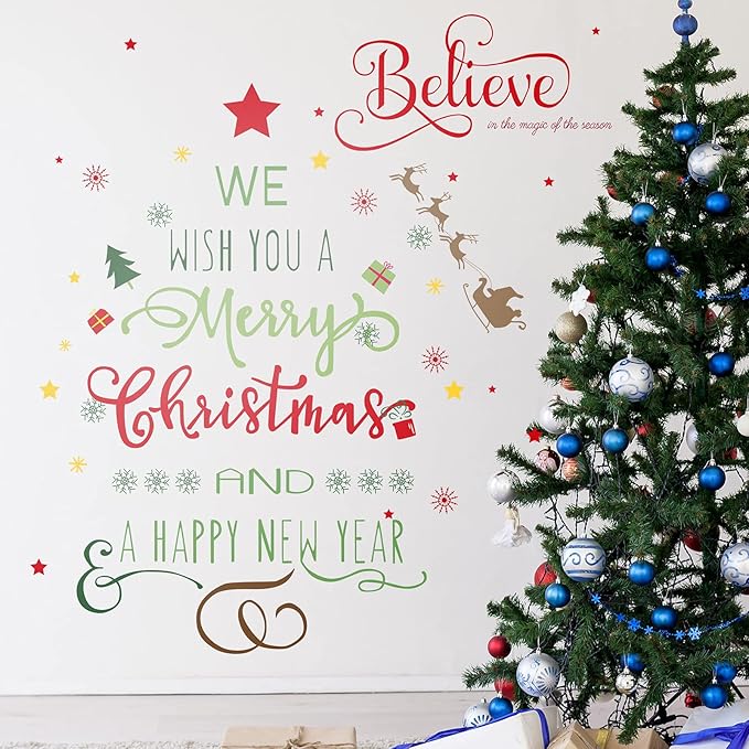 Outus Christmas Decal Stickers New Year Happy Believe Quotes Wall Decals Reindeer Tree Vinyl Art Decor Removable Modern for Party Supplies Home Window