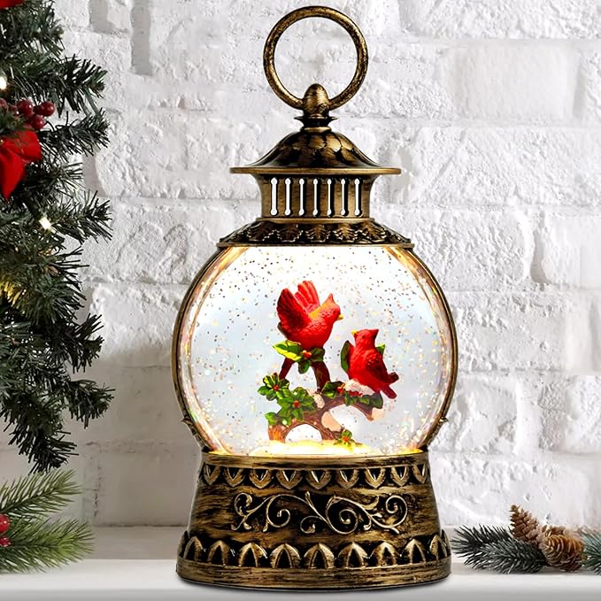 Cardinal Christmas Snow Globe, Cardinal Musical Snow Globe Lantern Lights with 6H Timer Battery & USB Powered, Retro Style Holiday Glitter Globe for Xmas Home Decoration Holiday Party Gifts