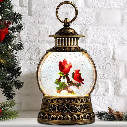 Cardinal Christmas Snow Globe, Cardinal Musical Snow Globe Lantern Lights with 6H Timer Battery & USB Powered, Retro Style Holiday Glitter Globe for Xmas Home Decoration Holiday Party Gifts