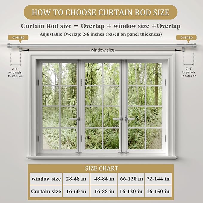 PORTRES Silvery Heavy Duty Curtain Rods for Windows 72 to 144 Inches Adjustable Length 1" Diameter Curtain Rod with Modern Decorative Finials for Outdoor Farmhouse Bedroom Kitchen Living Room