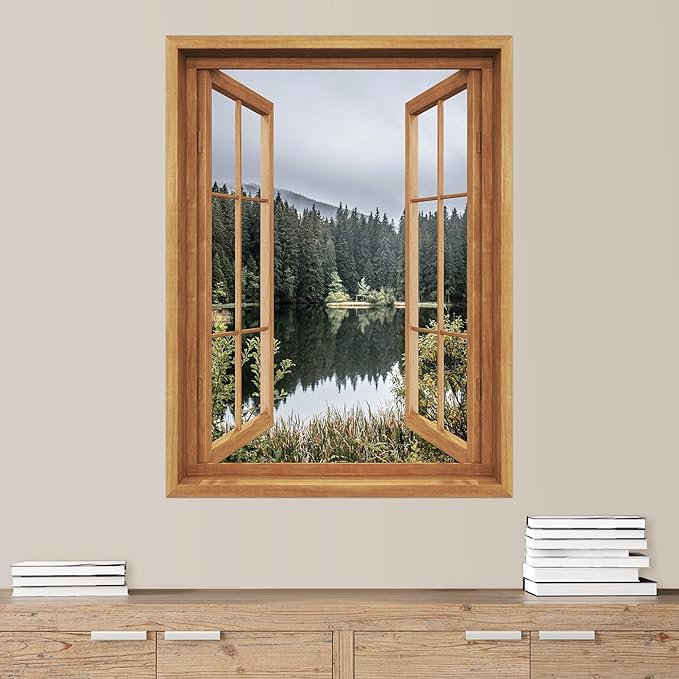 SIGNWIN Removable Wall Sticker/Wall Mural Window View Green Forest Lake Reflection Nature Wilderness Photography Realism Decorative Landscape Digital Art for Living Room, Bedroom, Office - 36"x48"