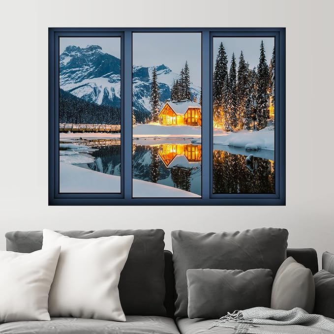 SIGNWIN Removable Wall Sticker/Wall Mural Window View Winter Snowy Christmas Cottage Nature Wilderness Photography Realism Decorative Landscape Digital Art for Living Room, Bedroom, Office - 36"x48"