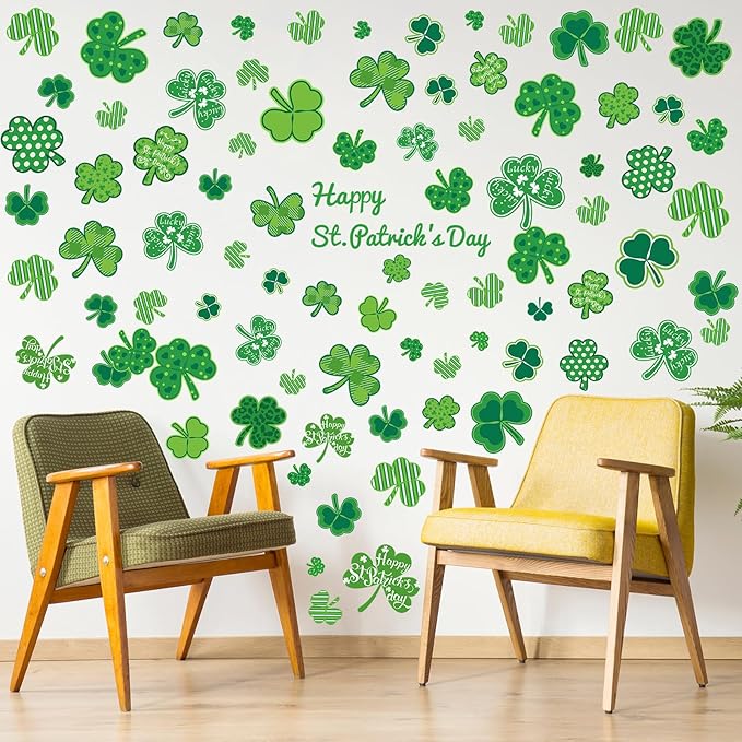 Eersida 6 Sheets St. Patrick's Day Wall Stickers Shamrock Wall Decals for Party Supplies Decorations Large Shamrock Green Quotes Wall Stickers St. Patrick's Happy Decals for Window Clings Glass