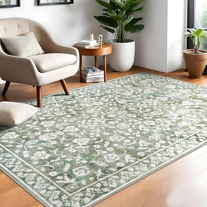Vintage 4x6 Area Rug, Sage Green Beige Entryway Rug Non-Slip, Washable Living Room Rug Thin Printed Faux Wool Floor Super Soft Carpet Throw Rugs for Bedroom Dining Room Indoor Office