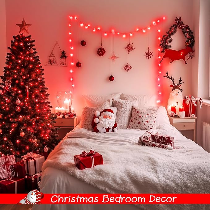 JMEXSUSS 2 Pack 100 LED Red Christmas Lights Outdoor Waterproof, Each 33ft Red String Lights Indoor Plug in, 8 Modes Connectable Christmas Tree Light for Xmas Yard Bedroom Fireplace Party Decorations