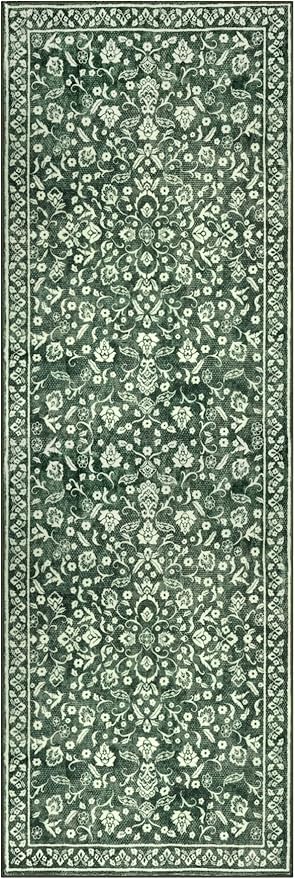 Vintage Washable Runner Rug 2x6, Forest Green Runners for hallways, Super Soft Kitchen Runner Rug Non Slip, Printed Faux Wool Thin Carpet Runner for Entryway Indoor Laundry Room Bedroom