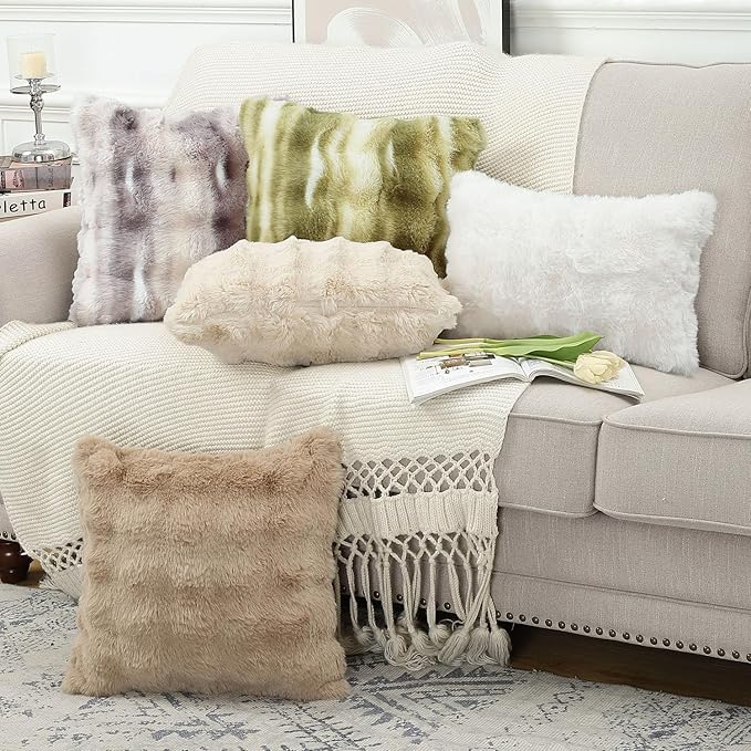 MADIZZ Pack of 2 Thick Plush Wool Throw Pillow Covers 18x18 Inch Green Soft Neutral Decorative Throw Pillows Accent Boho Cushion Covers for Couch Sofa Bedroom Pillow Shell