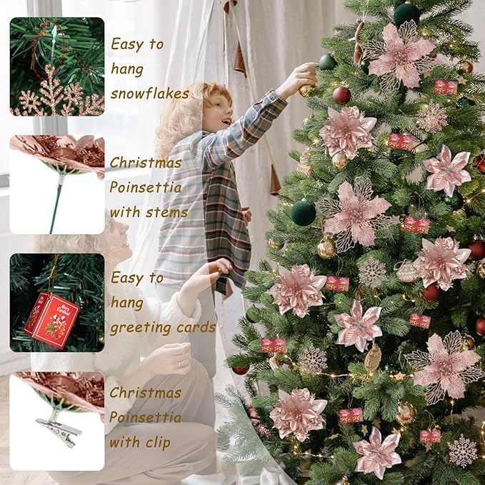 76PCS Christmas Tree Decorations Set, Rose Gold Christmas Ornaments Decoration Artificial Poinsettia Flowers with Star Tree Topper Berries Mesh Ribbons Snowflakes for Holiday Xmas Tree Decor
