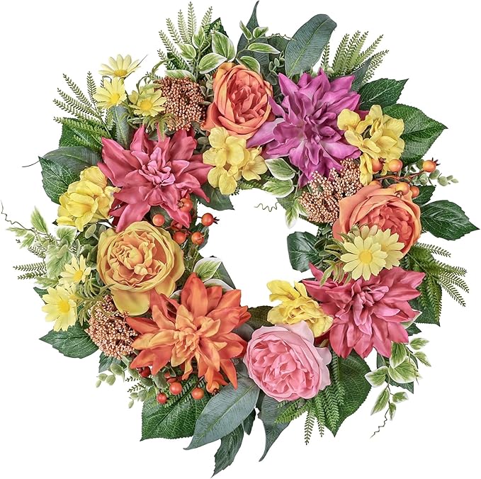 24 Inch Spring Wreath for Front Door with Roses Dahlias Silk Flowers with Berry Greenery for All Seasons Indoor Outdoor Porch Wedding Wall Farmhouse Porch Wall Living Room Home Widding Decor
