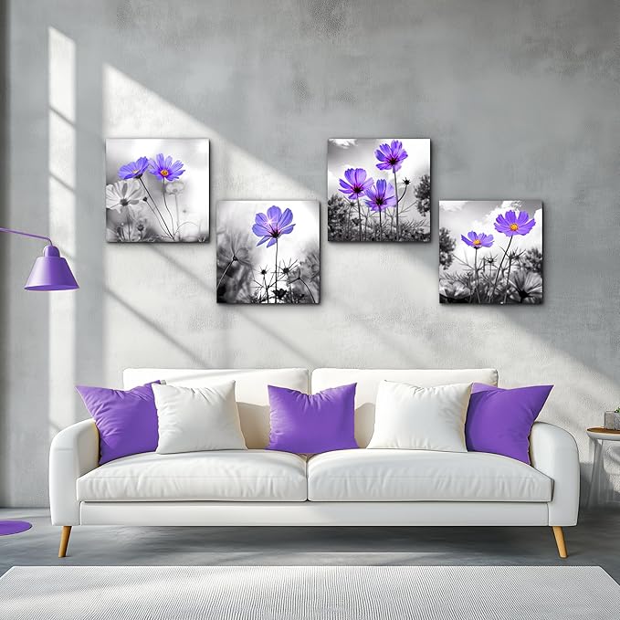 bathroom wall Decor wall art for bedroom Canvas Prints for kitchen poster pictures artwork Home wall Decorations for living room 16" x 16" 4 Pieces Framed Black and white landscape purple flowers
