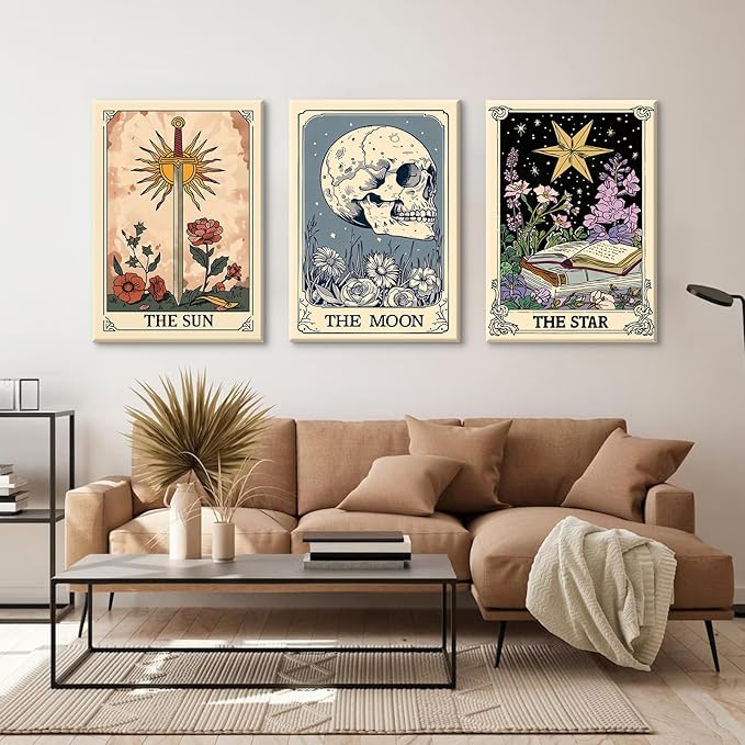 Tarot Card Wall Art Sun Moon Canvas Wall Decor Mystical Astrology Wall Art Boho Celestial Prints Star Skull Poster Tarot Card Picture for Living Room Bedroom 16x24x3 Inch Framed