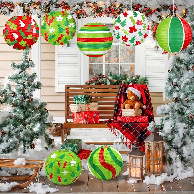 Christmas Paper Lanterns, 12 PCS Christmas Hanging Paper Lanterns Indoor Outdoor, Red Green and White Xmas Tree Candy Bell Lantern for Christmas Party Decorations Home Holiday Decor