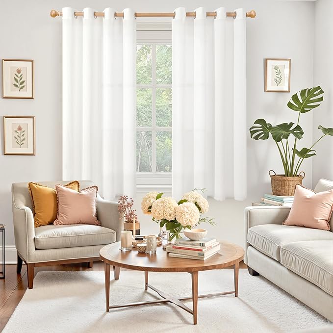 YoungsTex Short Linen Sheer Curtains 54 Inch Length for Window Length Light Filtering White Textured Drapes for Bedroom Kitchen Bathroom Lightweight Grommet, 2 Panels, 52 X 54 Inch