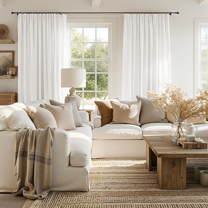 jinchan Linen Blend Curtains 90 inch Length 2 Panels for Bedroom Living Room, Light Filtering 50 inch Wide Farmhouse Drapes with Rod Pocket Back Tab(50W x 90L, Off White)