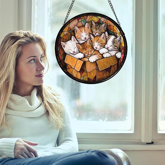 Stained Glass Window Hanging 6 Cute Kittens 6.3" - Cat Gift Suncatcher Door Sun Catcher Decor Birthday Christmas for Lost Pets Mom Men Woman Friend