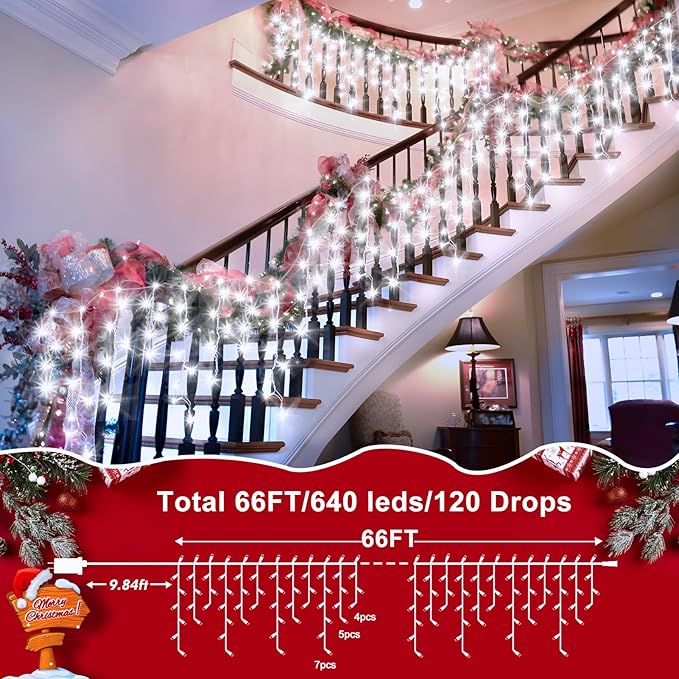 XURISEN 66ft Christmas Lights Decorations Outdoor, 640 LED 8 Modes Curtain Fairy Lights with 120 Drops,Plug in Waterproof Timer Memory Function for Christmas Holiday Wedding Party Decor(Cool White)