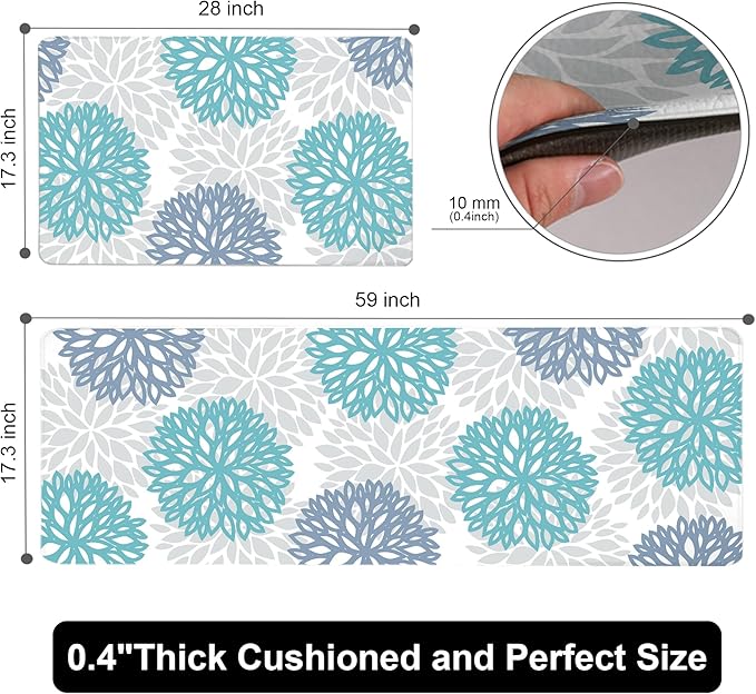 Teal Kitchen Mats Set of 2 Cushioned Anti Fatigue Kitchen Rugs Non Slip Waterproof Runner Memory Foam Kitchen Floor Mat Comfort Standing Mat for Sink,Office,Laundry