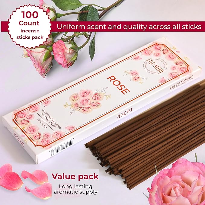 Rose Incense Sticks - Pack of 100 Insence-Sticks - Inciensos Aromaticos Made with Natural Rose Essential Oil - Scented Inscents Non Toxic Insense