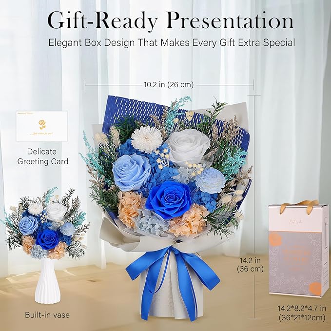 Preserved Flowers Bouquet - Forever Flowers for Delivery, Real Eternal Roses Bouquet for Mothers, Mom, Wife Anniversary Birthday Gifts for Women Men, Blue