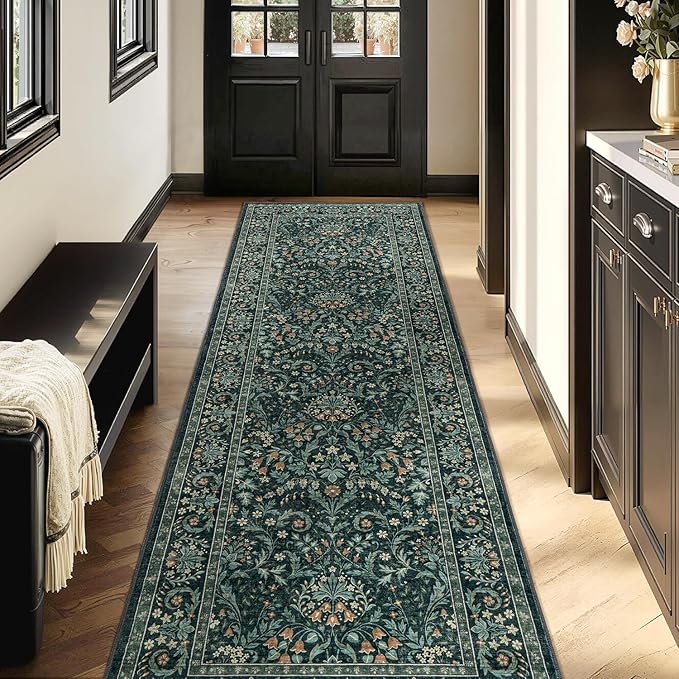 Woaboy Washable 2.6x8 Runner Area Rug, Hallway Kitchen Bedroom Beside Laundry Room Bathroom Rug，Non-Slip Low Pile Stain Resistant Soft Carpet for Vintage Boho Floral Home Decor Dark Green