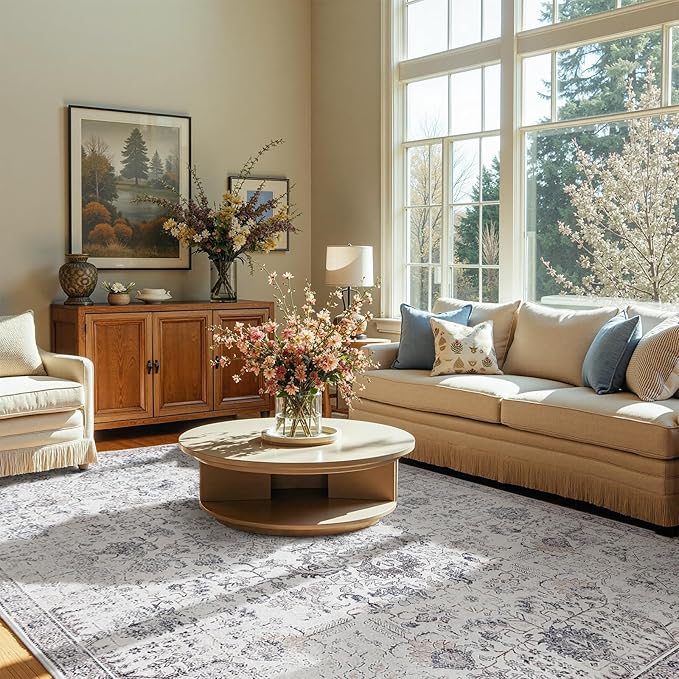 jinchan Kalen Area Rug 6x9 Washable Living Room Rug Vintage Indoor Large Floor Cover Retro Accent Mat Distressed Gray Floral Country Boho Non Slip Thin Carpet for Bedroom Dining Room Office Grey